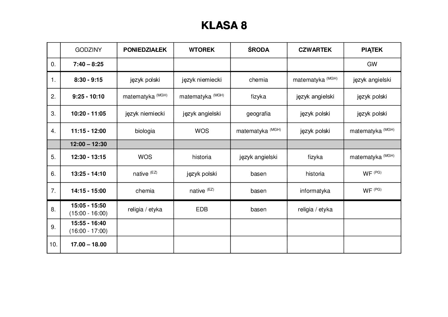 Plan Lekcji Klasy VIII | MSPEI W Łodzi